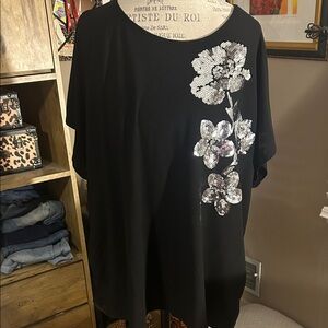 Love Scarlett Black Top with Silver Floral Sequins - 3X